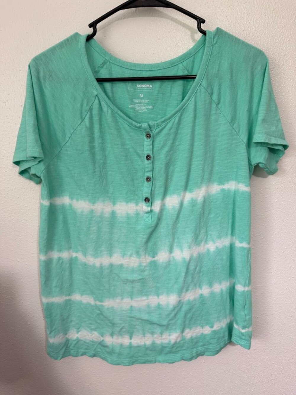 Sonoma Knit Top Mint Green with White Tie Dye Stripes Henley Womans M